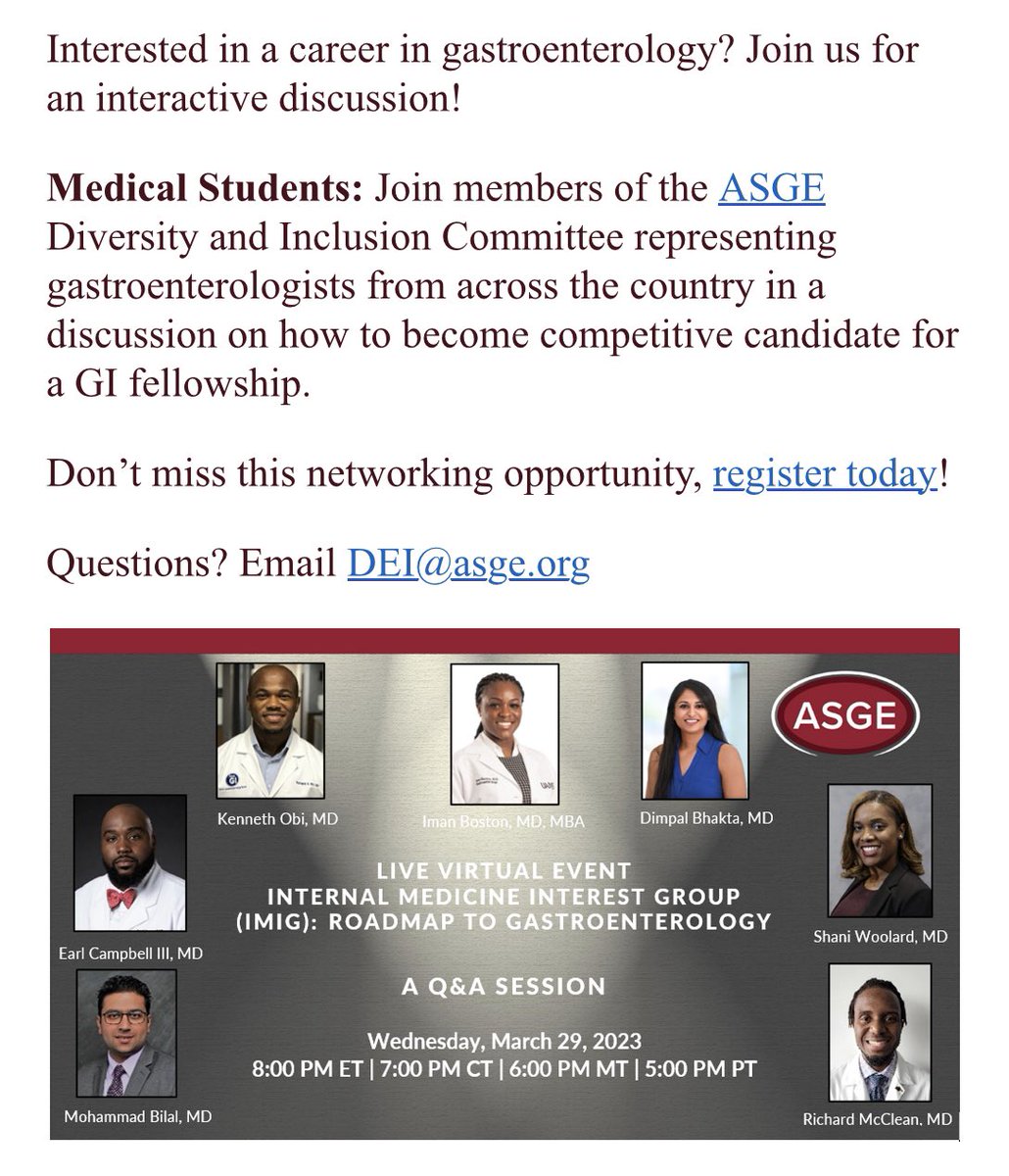 Are you a medical student interested in GI?! If so, you don’t want miss out on this panel discussion next week Wednesday!!! Use this link to register 👉🏾 asge.zoom.us/webinar/regist…