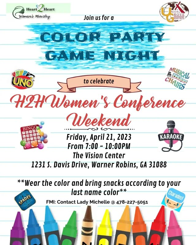 TheGroveZone's tweet photo. Get ready for our Women's Conference Weekend, April 21-22, 2023.  The weekend will start with our Color Party Game Night on Friday, April 21 at 7-10 pm at the Vision Center.   Bring snacks according to the color for your last name.  This is a bridge the gap event! https://t.co/5hegVA0LDr