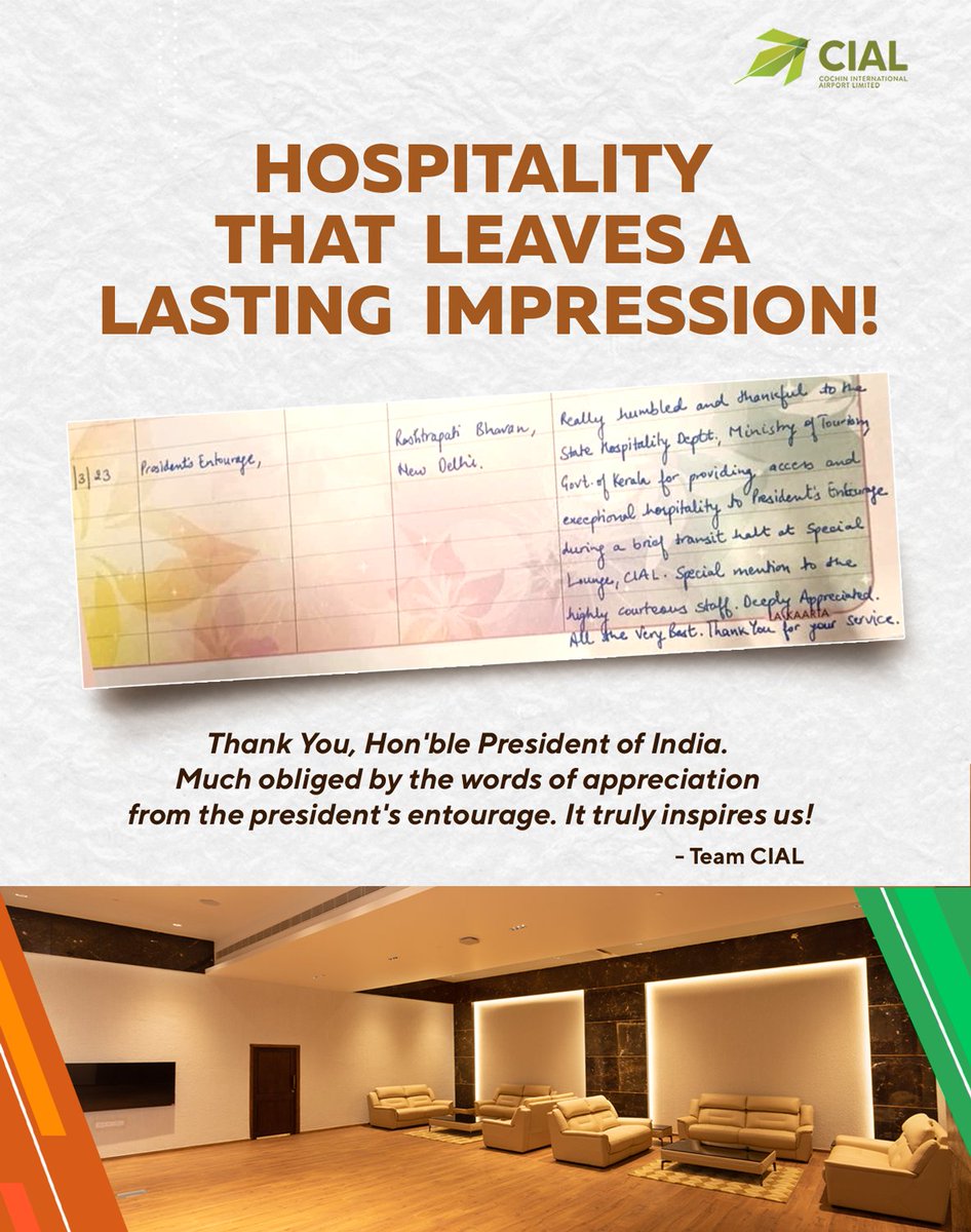 Words of appreciation about CIAL's hospitality from Rashtrapati Bhavan!  Thank you for those kind words about CIAL..
#cial #appreciation #PresidentOfIndia #exceptionalservice #hospitality #inspiration #rashtrapathibhavan #india #kerala #BusinessJetTerminal #exclusivelounges