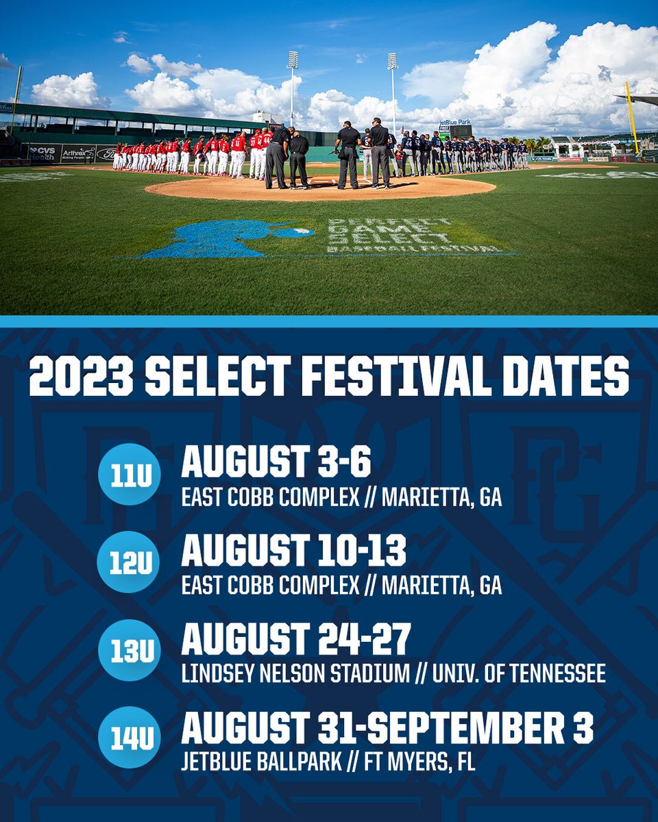Mark your calendars! 📆 

The dates and locations for this summer's Perfect Game Select Festivals (11u-14u) have been announced!

FULL RELEASE: bit.ly/40tHxhN
