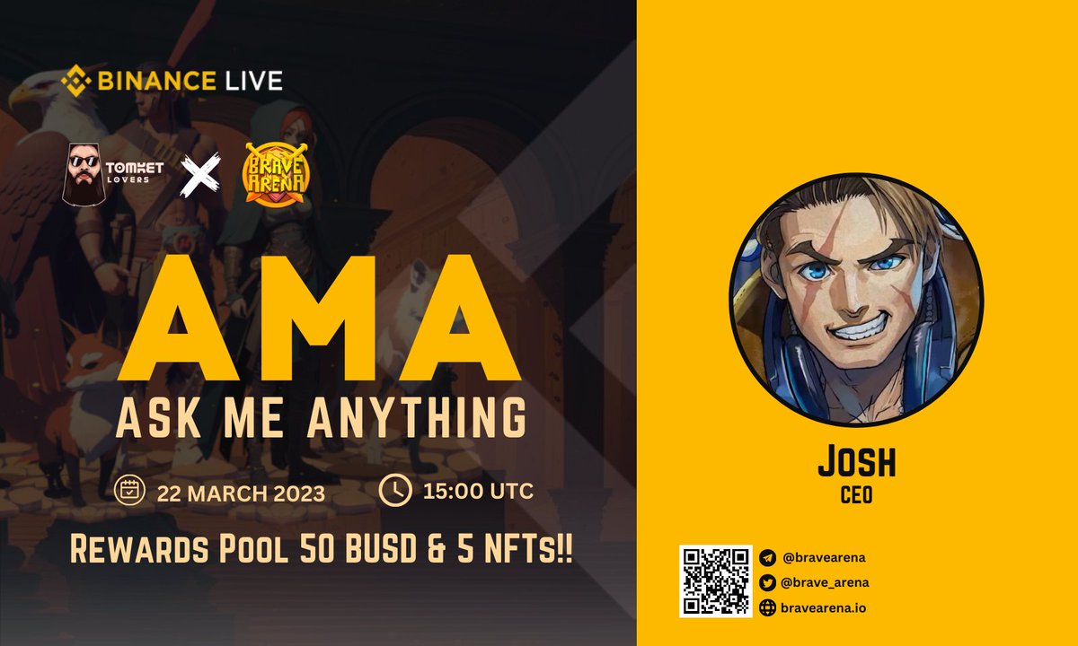 We are pleased to announce the Binance LIVE AMA with Brave Arena

AMA Timing : 22 March 2023 | 15:00 UTC
Reward : 50$ + 5 NFTs

Rules to join :
t.me/tomketloversre…

#AMA #BinanceLive