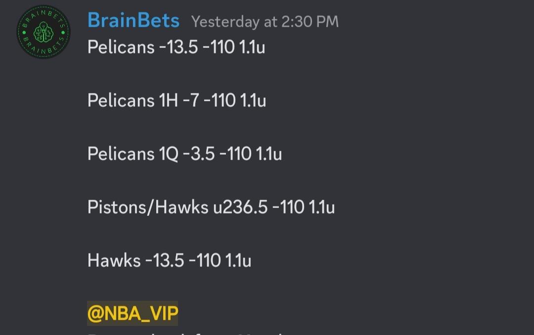 MoneyBrainBets's tweet photo. Tuesday's Recap π§ :
5 - 0,
+5u πΈ
Pelicans -13.5 β
Pelicans 1H -7β
Pelicans 1Q -3.5β
Pistons/Hawks u236.5 β
Hawks -13.5 β
Swept. NBA season ends soon, if you want to make money on NBA hop in fast π§ . DM me for a discount! β
#GamblingTwitter #BrainBets #nbatwitter https://t.co/dPzbfs57pm