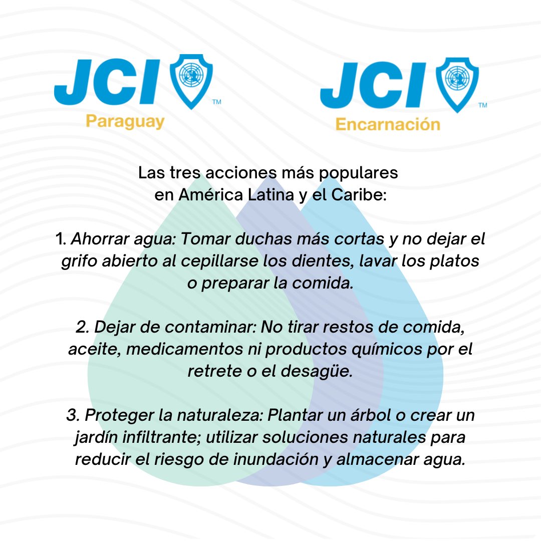 JCIEncarnacion's tweet photo. 🟦 22 de marzo: Día mundial del agua. 

Se recuerda con el objetivo de crear conciencia sobre la importancia de cuidar el líquido vital para los seres humanos y las especies en la tierra. 

#JCI #JCIEncarnación #JCIParaguay 
#GuíadosPorElPropósito https://t.co/s02bBYZrZm