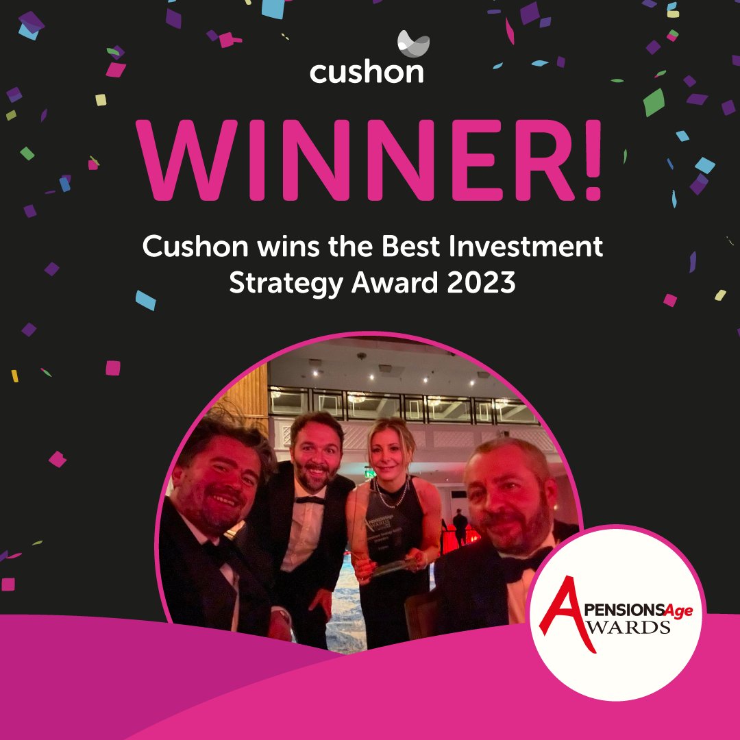 WeAreCushon's tweet photo. 🎉 The pensions award season has arrived! 

Cushon is delighted to have won the Best Investment Strategy Award at the @PensionsAge Awards.  It’s great to see the hard work from the team recognised by the industry last night. 

#PensionsAgeAwards https://t.co/epRqWtL225