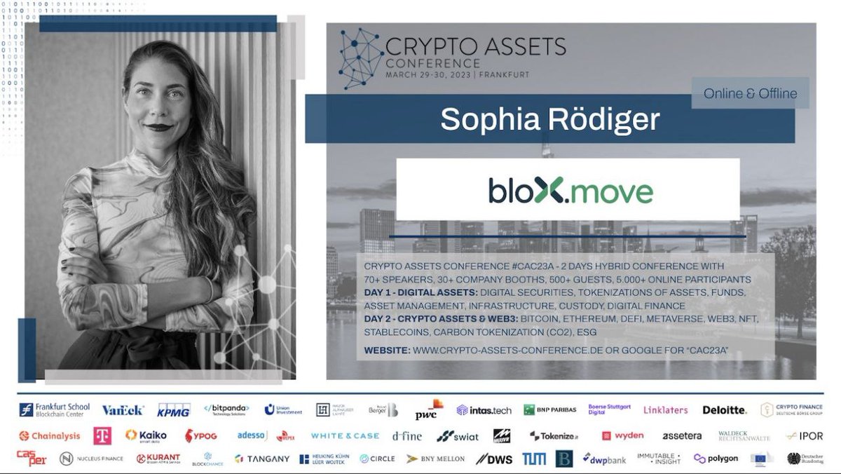 🎫Save the date: Crypto Assets Conference in Frankfurt (29.-30.03) 🎫

Our CEO, <a href="/SophiaRoediger/">Sophia Roediger</a>, together with <a href="/schmiedi_kai/">Kai Schmied</a> from <a href="/nr_verse/">NR_verse</a> and Alireza Siadat from Annerton will lead a discussion on "Carbon Tokenization and Decentralization".

Don't miss it 🔥 #BLXM #NFTicket