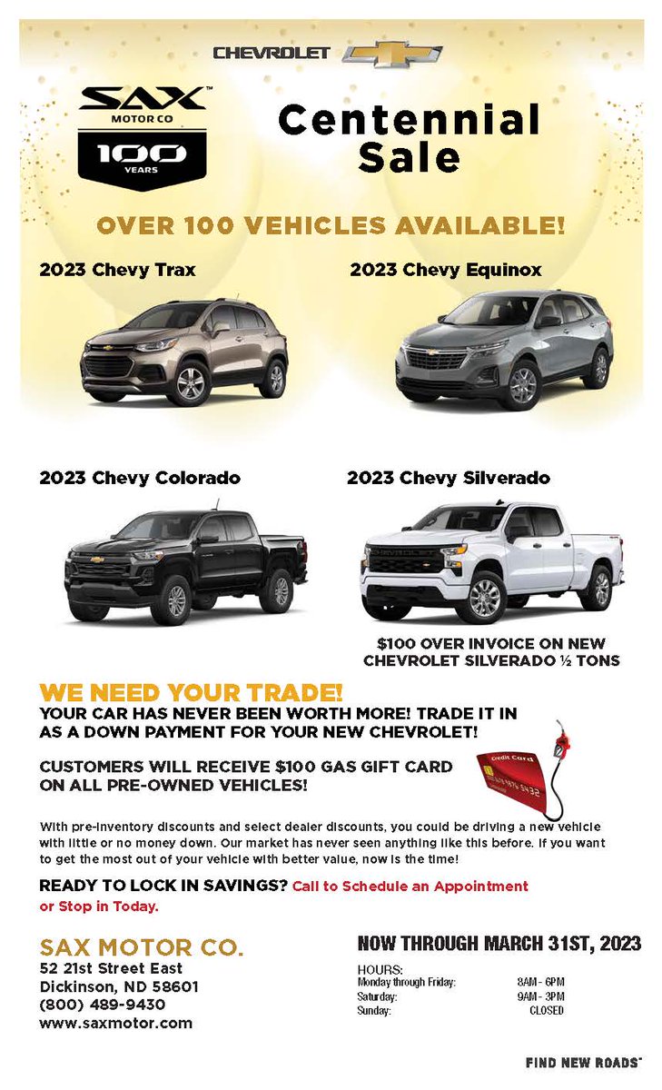 SaxMotorCo's tweet photo. Sax Centennial Sale - $100 over invoice on all Silverado 1/2 Tons! https://t.co/HGcN902BNM
