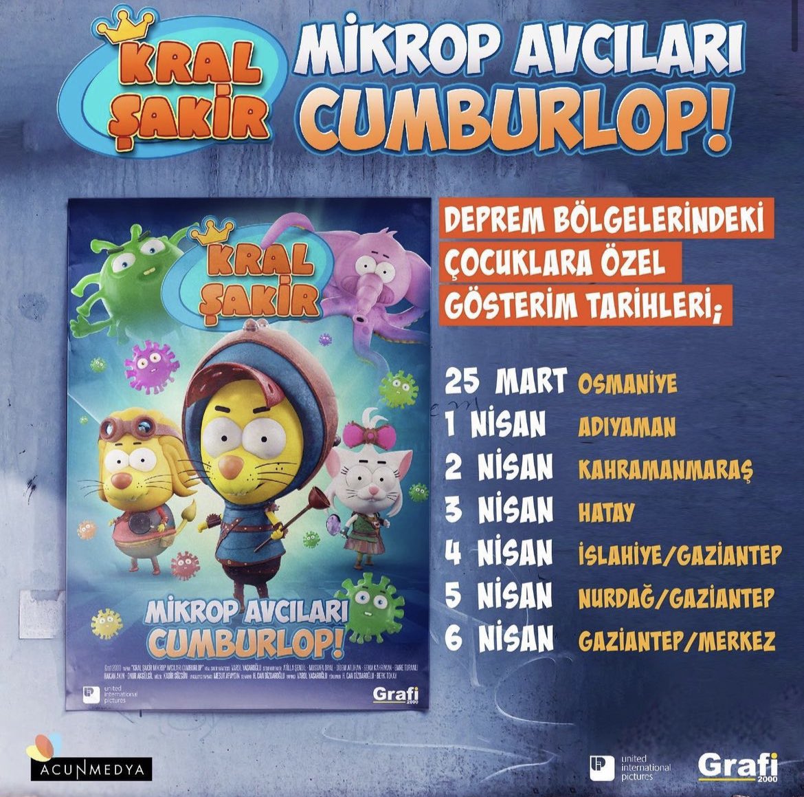 Acun Medya ve Grafi2000 Prodüksiyon bazı deprem bölgelerinde çocuklar için Kral Şakir gösterime sunulacak. Bu bölgeler arasında Malatya ili yer almadı.

Malatya’da da depremzede çocuklar var.