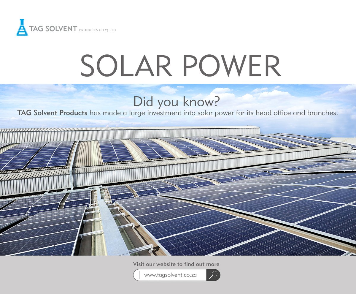 tag_pty's tweet photo. TAG Solvent has made a large investment into solar power. Due to the load shedding we are now subjected to-power supply has become a real threat to business success. We felt that investing in Solar Power was essential in maintaining an efficient, uninterrupted service delivery. https://t.co/j3eDvzO2ya