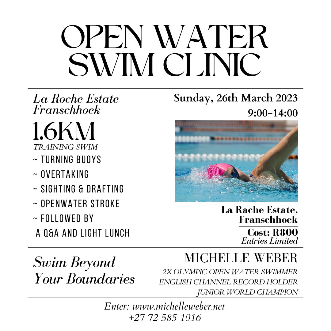 3 days left to enter Sundays clinic in Franschhoek 🏊‍♀️. Join me for a swim and receive the best open water swimming training advice for your next swim. 

Entries are limited. 
To enter click the link below. 

michelleweber.net/clinics/open-w…

Can’t wait to meet you there ❤️.