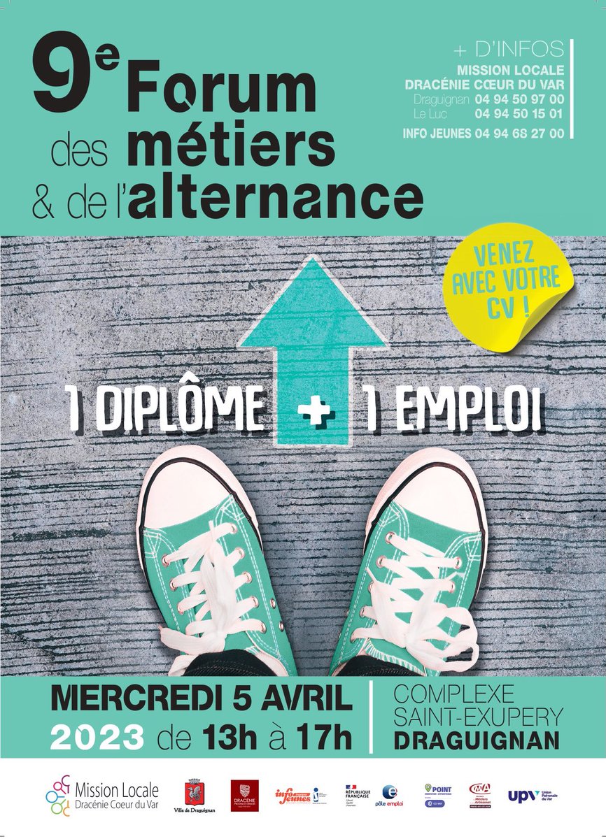 Le 9ème forum des métiers &amp; de l’alternance aura lieu le 5 avril à partir de 13h au complexe st exupery de Draguignan. 
Venez à la rencontre de nombreux partenaires qui proposent des formations en alternance dans différents secteurs d’activité #alternance