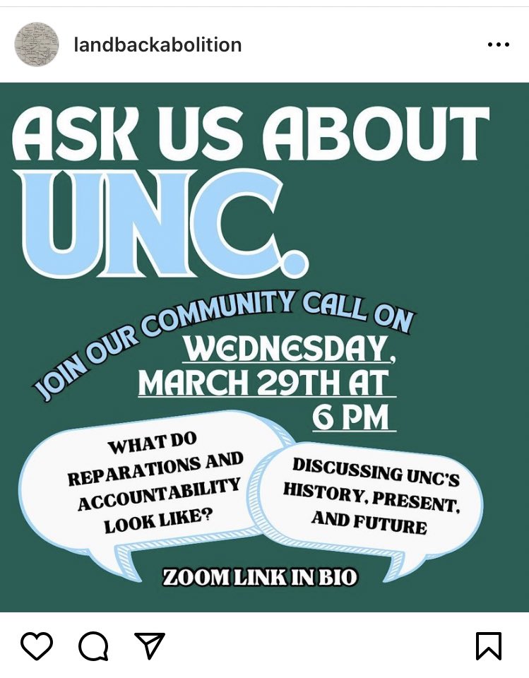 Local folks!! Consider coming by our community zoom a week from today as we build our bank of questions you would like the <a href="/uncLandBack/">UNC Land Back Abolition Project</a> abolition project to work on this year, or find out how to get involved! Info below ❤️‍🔥
