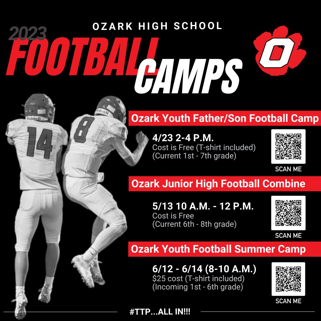 🚨Calling all Youth and Jr.High Tiger Nation!!!🚨 Come be a part of our Ozark Football Camp Series in April, May, and June!!! 1st up: Father/Son Camp on 4/23!!! Any Questions??? Contact Head Football Coach Jeremy Cordell at jeremycordell@ozarktigers.org @OzarkTigers