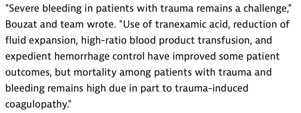AliRaja_MD's tweet photo. #4FPCC No Help in #TraumaPatients at Risk of Massive #Transfusion
— Randomized trial shows no significant reduction in 24-hour blood product consumption vs placebo
Pierre Bouzat, MD, et al. Hôpital Albert Michallon
https://t.co/LeLKWHDAif
@medpagetoday https://t.co/Err2mTIuEj