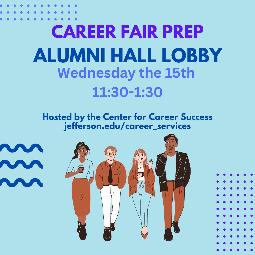 TJUCareerCenter's tweet photo. Our career fair prep event starts in a half hour! Find us in the Alumni Hall Lobby today from 11:30-1:30 to take a headshot, get a resume/CV review, learn how to talk to employers, and more! See you soon! #tju #jefferson #thomasjeffersonuniversity https://t.co/RCe5bnehJf
