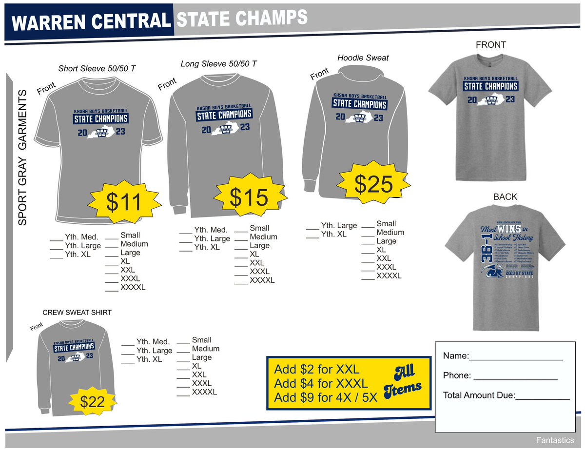 WHO’S READY FOR SOME STATE CHAMPIONSHIP SWAG??? Pre-orders are now being accepted at the WCHS Front Office. T-shirt, long sleeve shirts, crew neck sweatshirts, and hoodies are available for pre-order. Please see the photo below for pricing and sizing information.