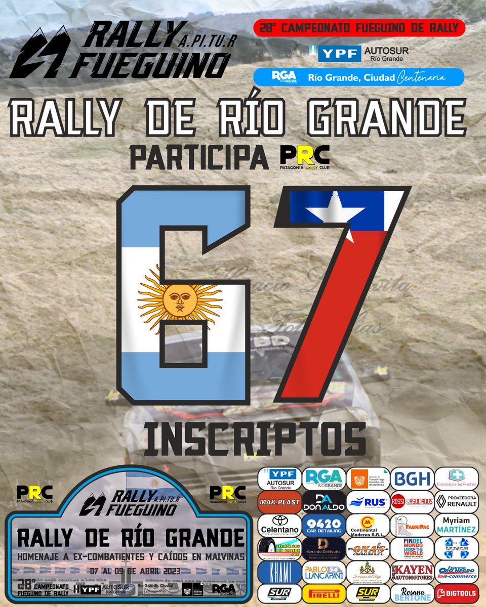 ApiturRallyTDF's tweet photo. 6️⃣7️⃣ INSCRIPTOS
🇦🇷🇨🇱
●
1️⃣° Fecha 2️⃣0️⃣2️⃣3️⃣
0️⃣7️⃣~0️⃣9️⃣ de Abril
Rally de Río Grande 🎣🏭🌊🌬
2️⃣8️⃣° YPF Autosur Rio Grande SA Municipio de Río Grande
Campeonato Fueguino de Rally
Participa PRC - Patagonia Rally Club 
●
Info:
https://t.co/ccAG6gau3c https://t.co/vCoz2zWZsh