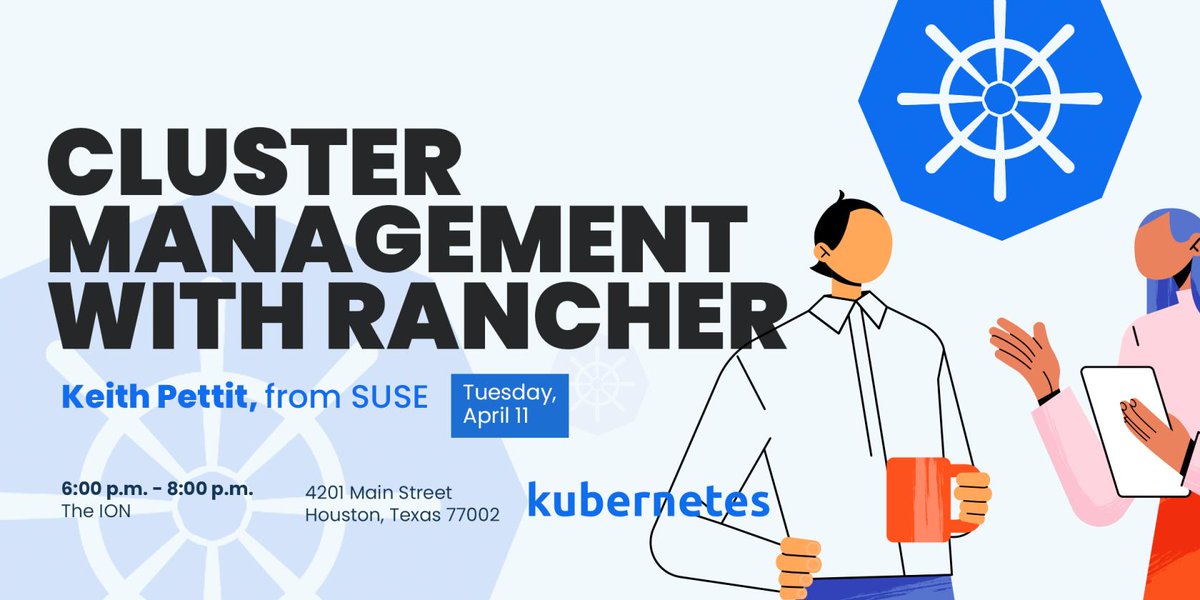 kirkpatrick_dan's tweet photo. Join us at the Ion on the 2nd Tuesday each month, from 6-8pm, for the Houston #kubernetes Meetup.  On April 11, we've got Keith Pettit from SUSE giving his talk, "Cluster Management with Rancher".  Refreshments provided by our sponsors, Blue People.  https://t.co/XrTCq6Z0HZ https://t.co/Kn8KeLBcqY