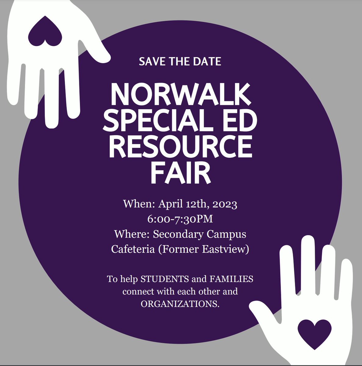 SAVE THE DATE! The Norwalk Special Education Resource Fair will be held on April 12th! 🗓fb.me/e/3qUVGdNq5