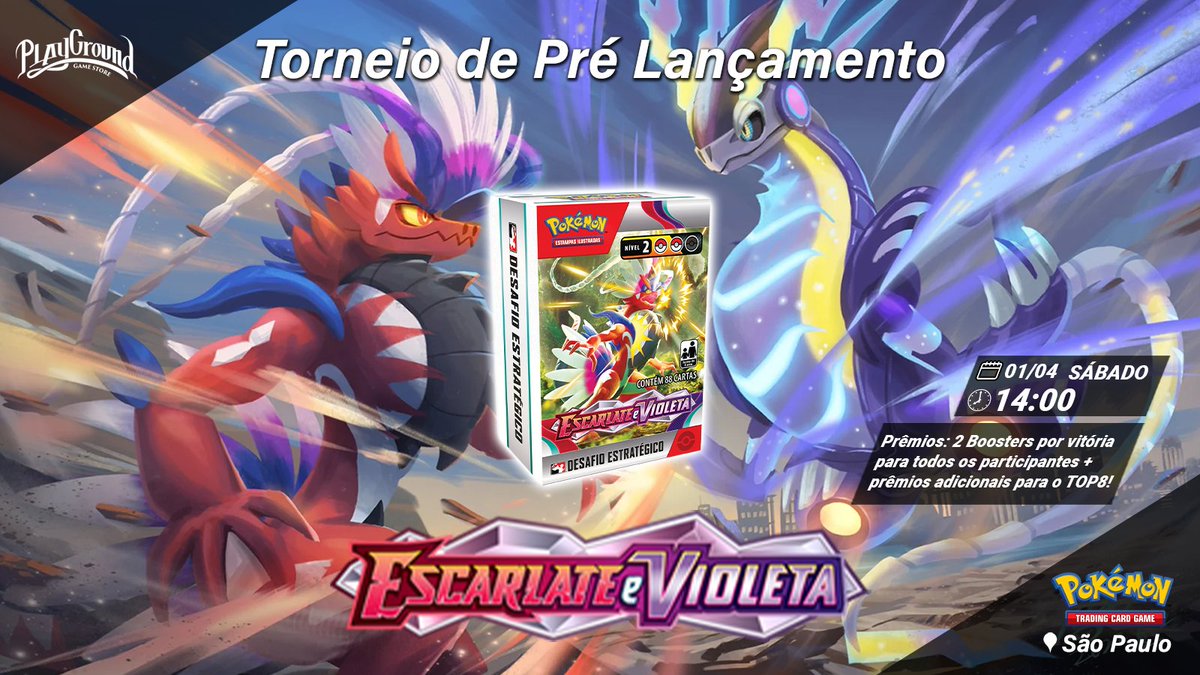 pg_gamestore's tweet photo. Preparados para a coleção Escarlate e Violeta?
A Playground vem anunciar o Torneio de Pré Lançamento da nova coleção e vamos lhe explicar como funciona!
Quando?
01/04 às 14h
Onde?
Playground na Max Arena (Rua da Mooca, 1601 - SP)
Valor?
O ingresso custa R$100 - primeiro lote

(+) https://t.co/ZytyF9FK3J