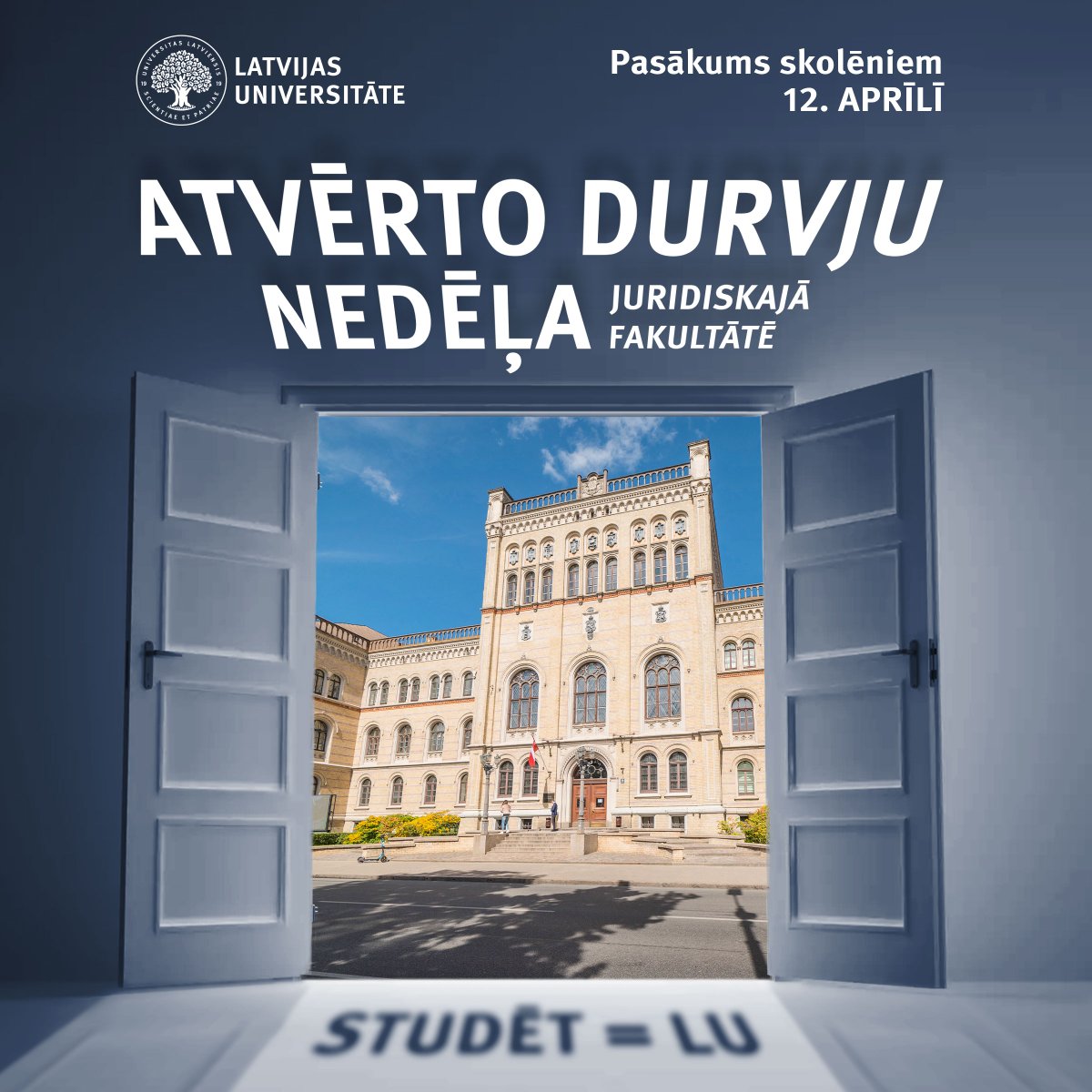 Atvērto durvju diena Juridiskajā fakultātē notiks 12. aprīlī plkst. 16:00. Būs iespējams uzzināt par bakalaura studiju programmu "Tiesību zinātne" un profesionālā bakalaura studiju programmu "Pirmstiesas izmeklēšana", kā arī doties ekskursijā pa LU JF. Gaidīsim topošos studentus!