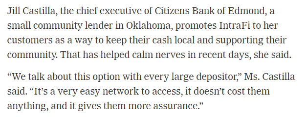 IntraFi's tweet photo. Thanks to @JillCastilla for explaining to the @NYTimes how IntraFi helps her bank reassure its customers their deposits are safe and supporting their community. 

Read the full article here: https://t.co/7dGoWp1UTB https://t.co/JkeXJOdui3