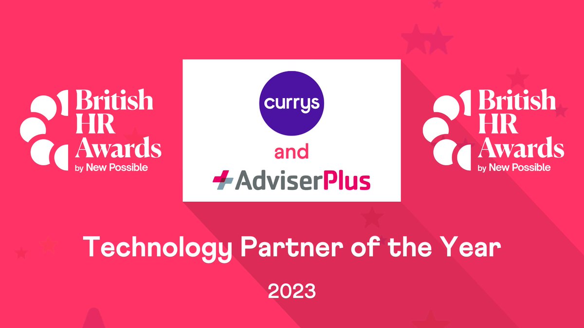 BritishHRAwards's tweet photo. A huge congratulations to both @currys and @AdviserPlus_ who are crowned this year’s ‘Technology Partner of the Year’ Winners! #HR #BHRA23 https://t.co/N0NX7Uzb1F