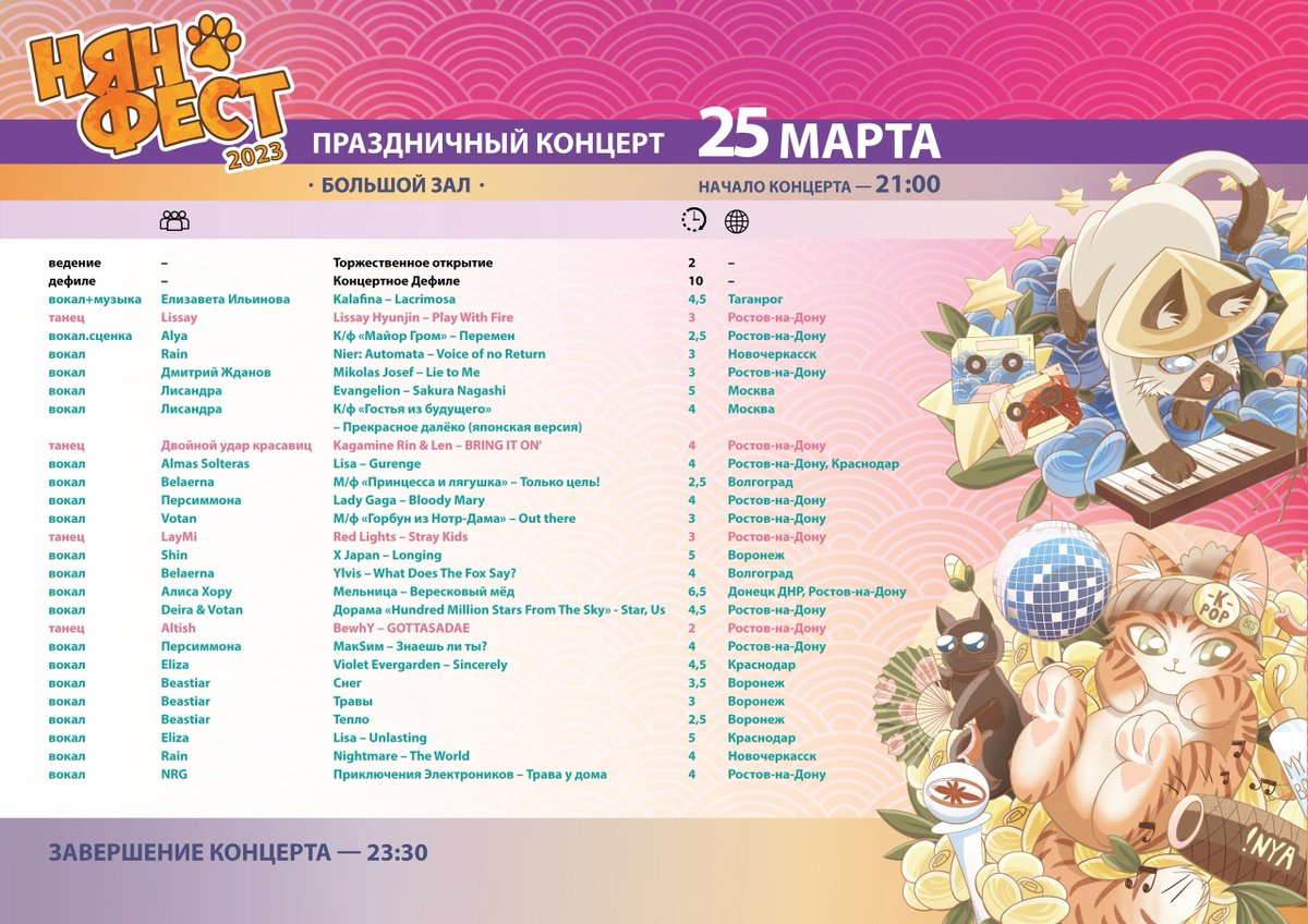 Смотрите, какие красивые программы косплей-шоу и концерта сделала наша дизайнер Мурка!

Скоро опубликуем и программу мастер-классов и всего происходящего в Зале интерактивностей.

#nyanfest2023 #nyanfest #нянфест #нянфест2023 #программа #расписание
