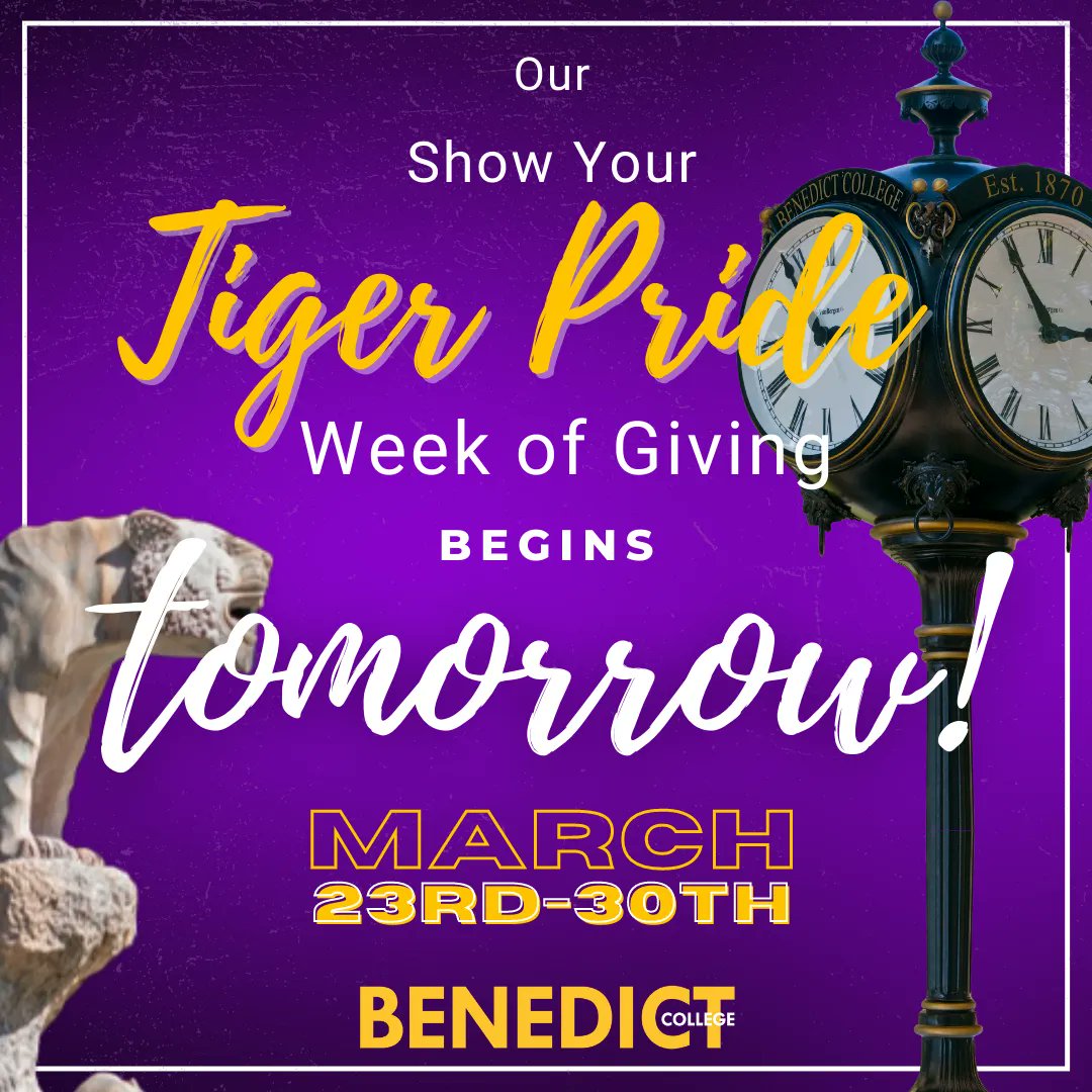 BenedictEDU's tweet photo. Our Show Your Tiger Pride Week of Giving begins TOMORROW! #GivetoBC #BCGives https://t.co/UKBD7a2mKG