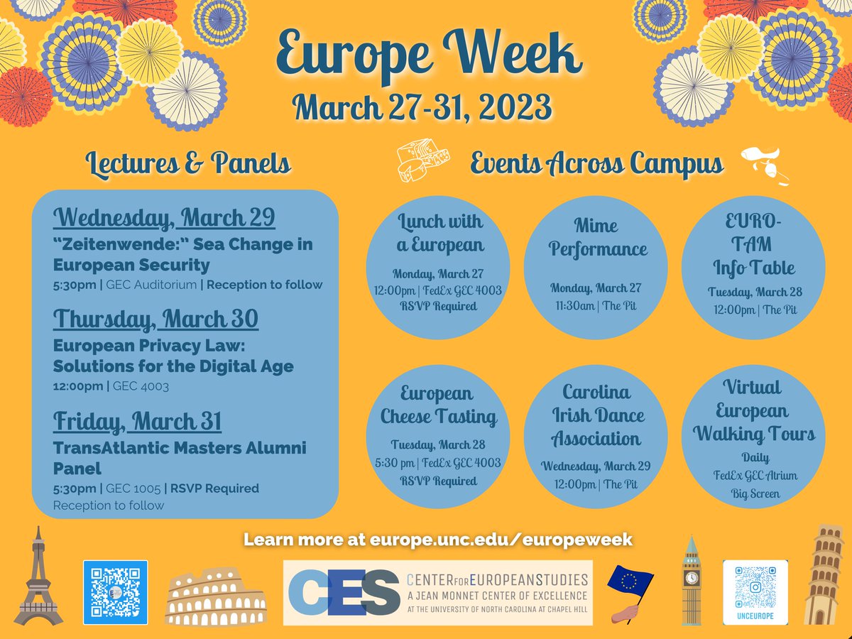 ✨It's time!!
Europe Week starts next Monday, March 27, and we can't wait to see you there!

Stop by the FedEx GEC for panels, guest lectures, and cheese tastings, or come hang with us in the Pit!

Learn more &amp; RSVP at europe.unc.edu/europeweek