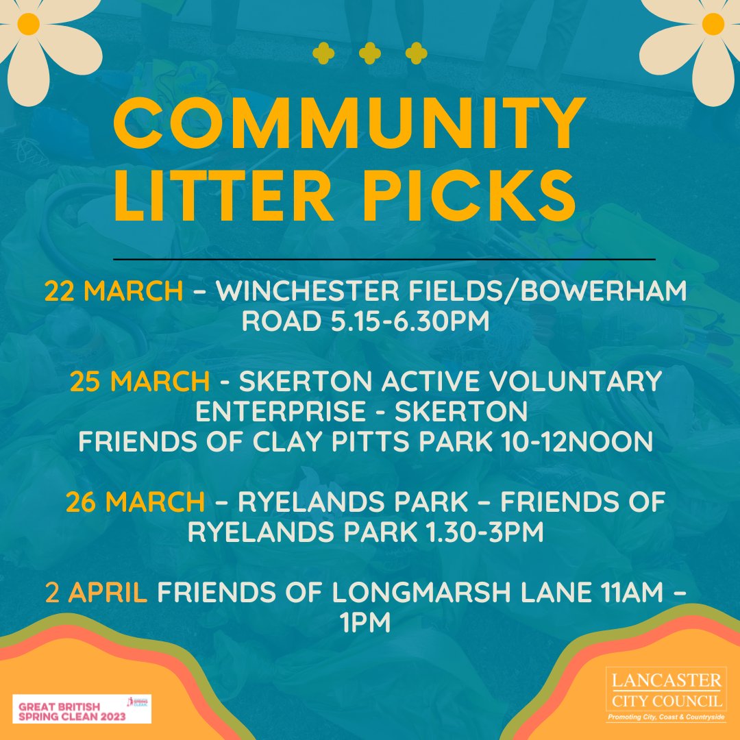 Community #litterpicks taking place as part of the annual Great British Spring Clean #BigBagChallenge 
If you want to host your own, make a Keep Britain Tidy pledge and get in touch with us publicrealm@lancaster.gov.uk and we can loan you equipment and collect your rubbish
