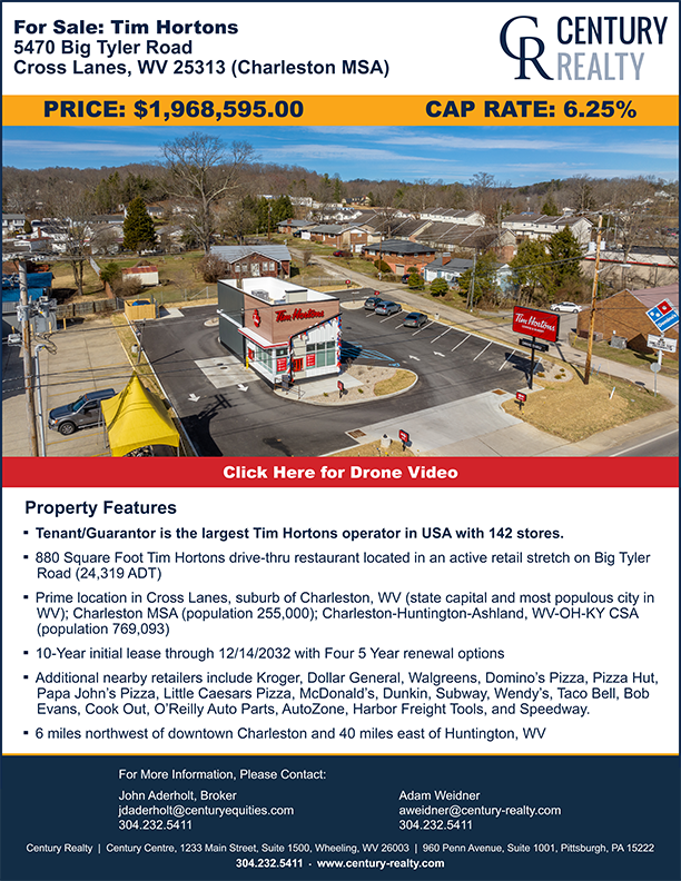 Century_Realty's tweet photo. PRICE REDUCED | Absolute NNN #TimHortons (Largest Operator In USA) | $1,968,595 | 6.25% CAP | #Charleston, #WestVirginia (State Capital). Contact 
@Century_Realty at 304-232-5411 for more details. #cre #sale #investment #restaurant #CrossLanes #CenturyRealty #CORFAC https://t.co/6mbH4oker3