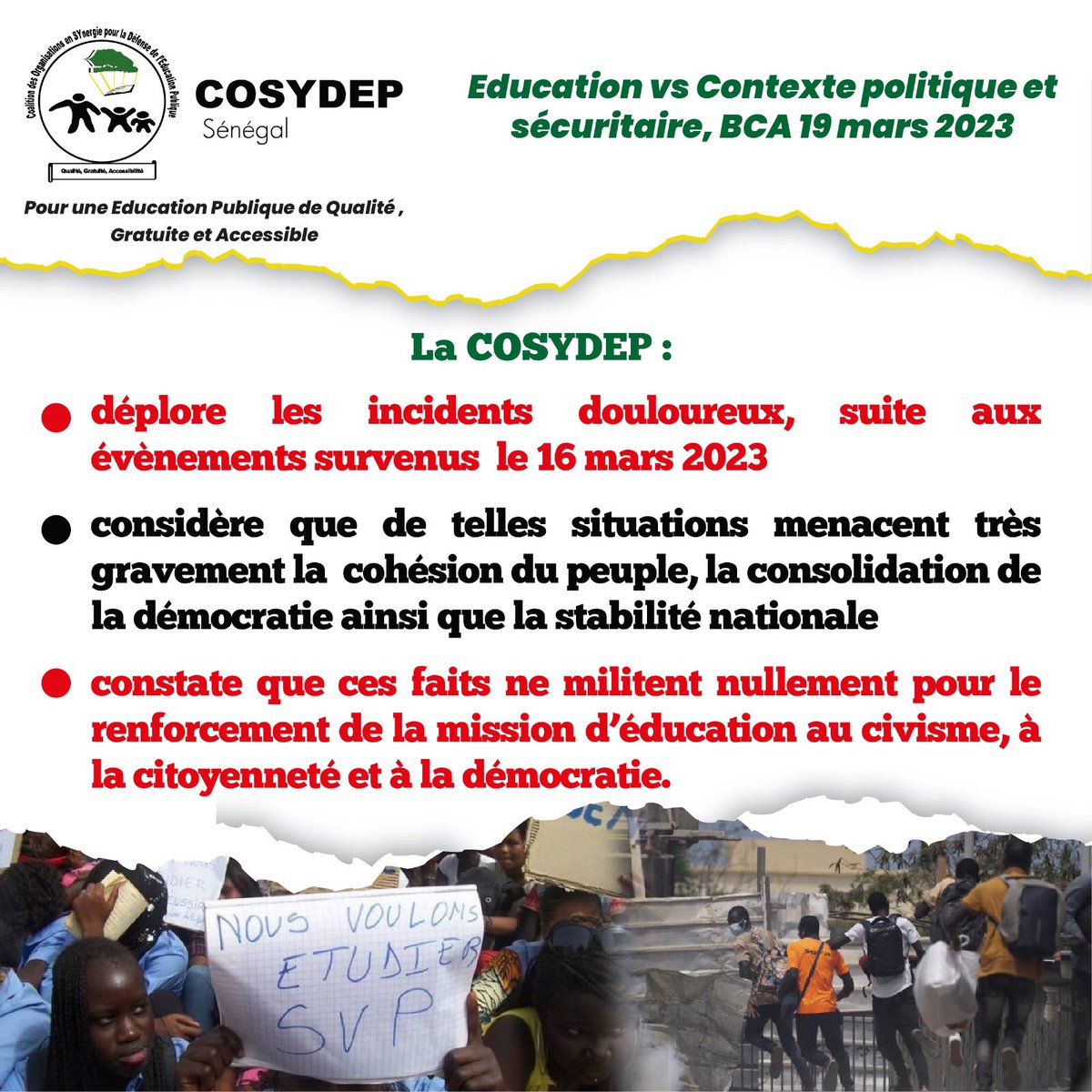 CosydepSenegal's tweet photo. Déclaration du BCA de la COSYDEP en quelques points
#cosydep #élève #etudiants #enseignant #syndicat #parents #senegal🇸🇳 #presidentielle2024🇸🇳 #education #cosydepsenegal #sonko #macky #kebetu https://t.co/IMsA0SoiBS