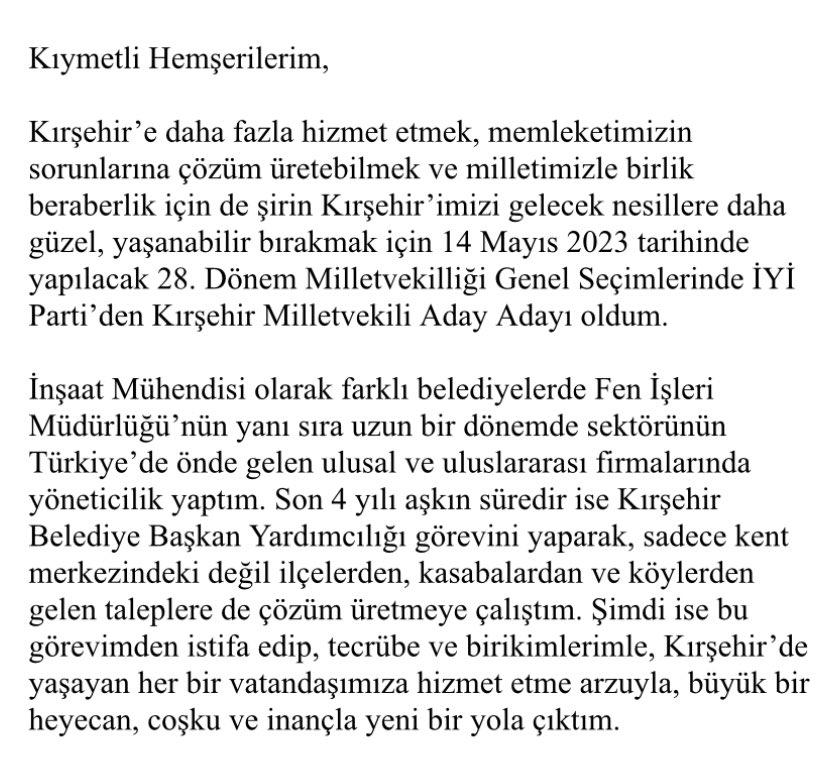 asafkayaoglu's tweet photo. Kırşehir’e daha fazla hizmet etmek, sorunlarına çözüm üretmek ve Şirin Kırşehir’imizi gelecek nesillere daha yaşanabilir bırakmak için İYİ Parti’den Milletvekili A.Adayı oldum.

Milletimizin bizi çağırdığı bu zor ve sancılı günleri, birlik ve beraberlik ruhundan kopmadan aşacağız https://t.co/s2aOXIAyhq