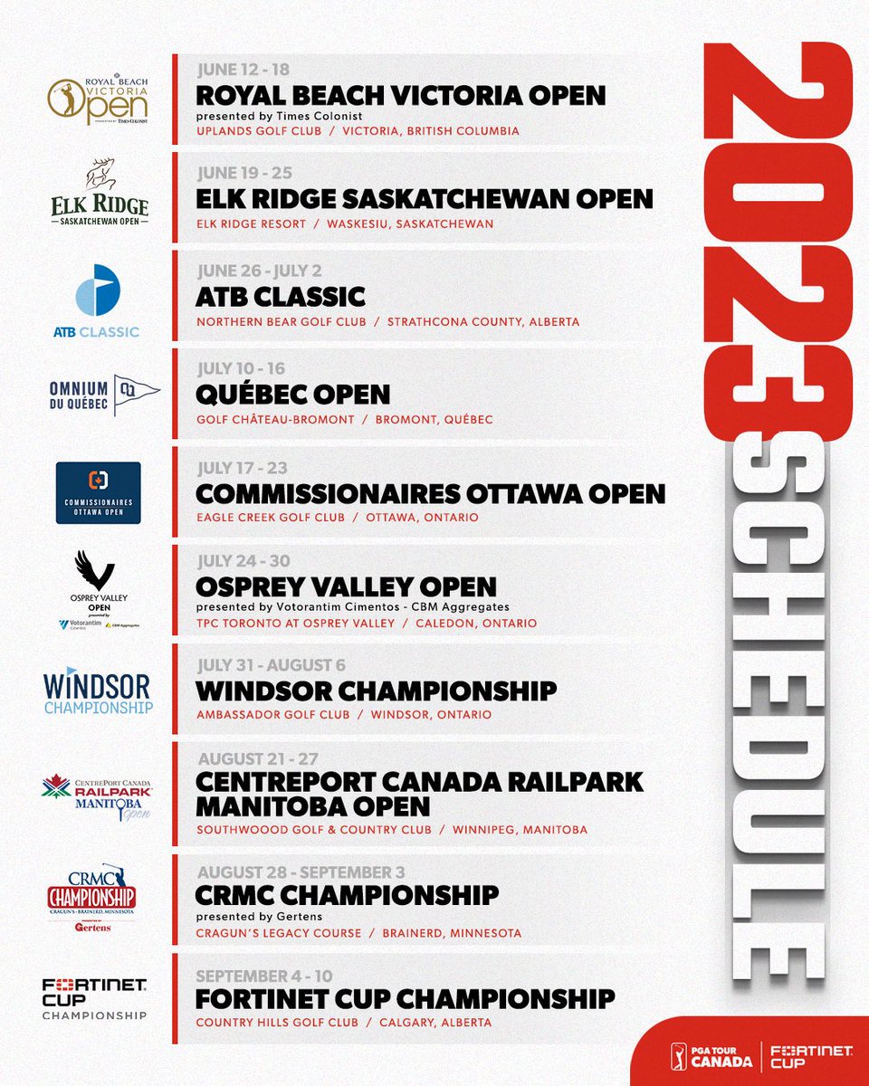 The 2023 <a href="/PGATOURCanada/">PGA TOUR Americas</a> Schedule is here!

10 Tournaments.
6 Provinces — 1 State.
1 #FortinetCup Champion🏆🇨🇦