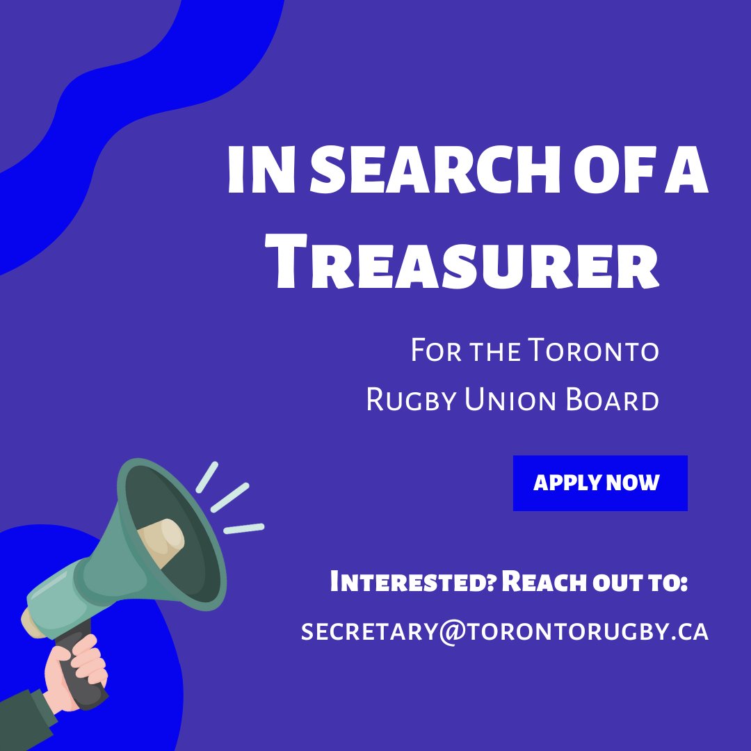 The Toronto Rugby Union is in search of a Treasurer for our board. Interested or know someone who might be?
Please reach out to secretary@torontorugby.ca