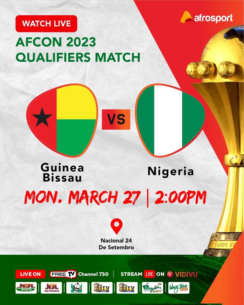 The Super Eagles will be live on Afrosport 

On the 24th and 27th of March, 2023.

Nigeria v Guinea Bissau 

Bookmark the link
👇👇👇

Vidivu: mw.vidivu.tv/s/631643

Don't miss it!

Facebook: https: facebook.com/AfroSportNow
#AFCON2023Qualifiers #AfrosportTV #Freedomofsport