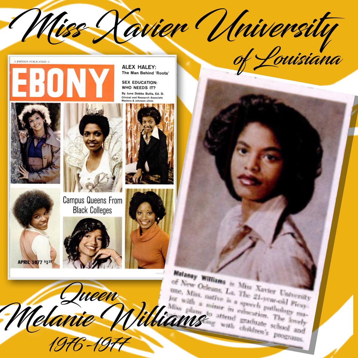 ForeverMissXU's tweet photo. Queen Melanie D. Williams, Miss Xavier 1976-1977, a Picayune, Miss. native, majored in speech pathology and minored in education.  Queen Melanie planned to work with children after completing graduate school. 
#FMXU #XavierQueens #XULA #1925Society #ForeverMissXavier https://t.co/ah8afurcYH