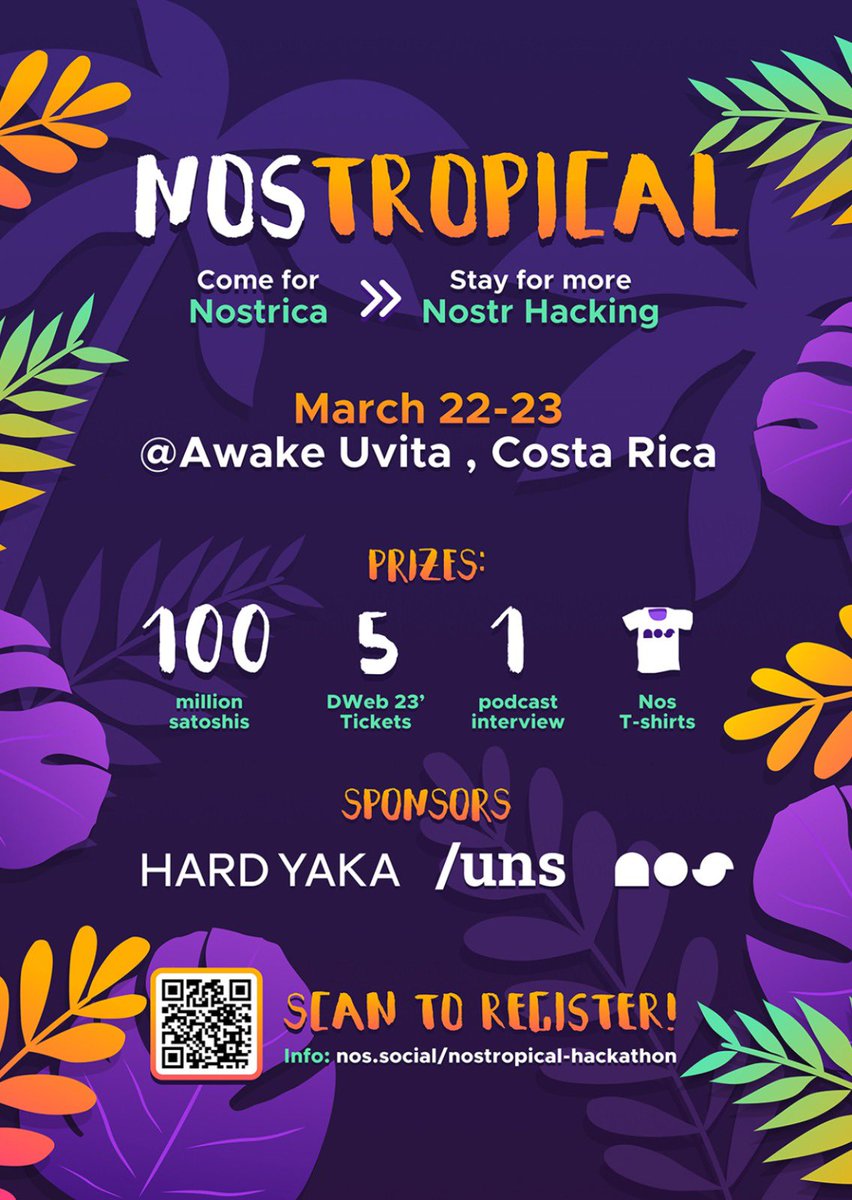 universalnames's tweet photo. 1h to go for the next hackathon on #nostr after #nostrica 🦥 100 SATs on the table 😁🇨🇷💚 https://t.co/TDT4ScPwmy