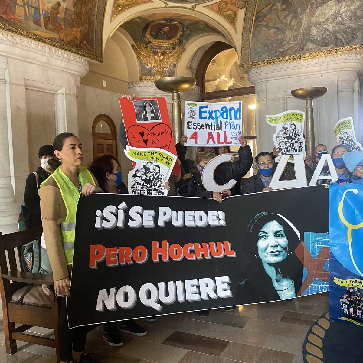 At the New York State Capitol to let @GovKathyHochul  know that we will NOT be silent until ALL NYers have access to healthcare! #Coverage4All @thenyic @MaketheRoadNY