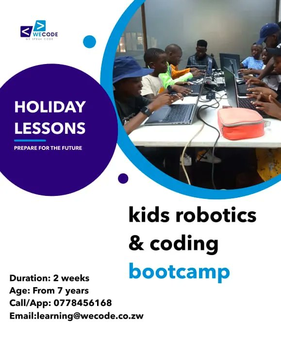 wecodezw's tweet photo. "🎉 Register your kids for a holiday coding and robotics bootcamp! 🤖🚀 They'll learn skills in programming, robotics, and problem-solving. The bootcamp is open to kids aged 7-20 and runs from the first week of school holidays in Harare. Register here: https://t.co/JADpSlCNS2 " https://t.co/iE5Sc9yEMN