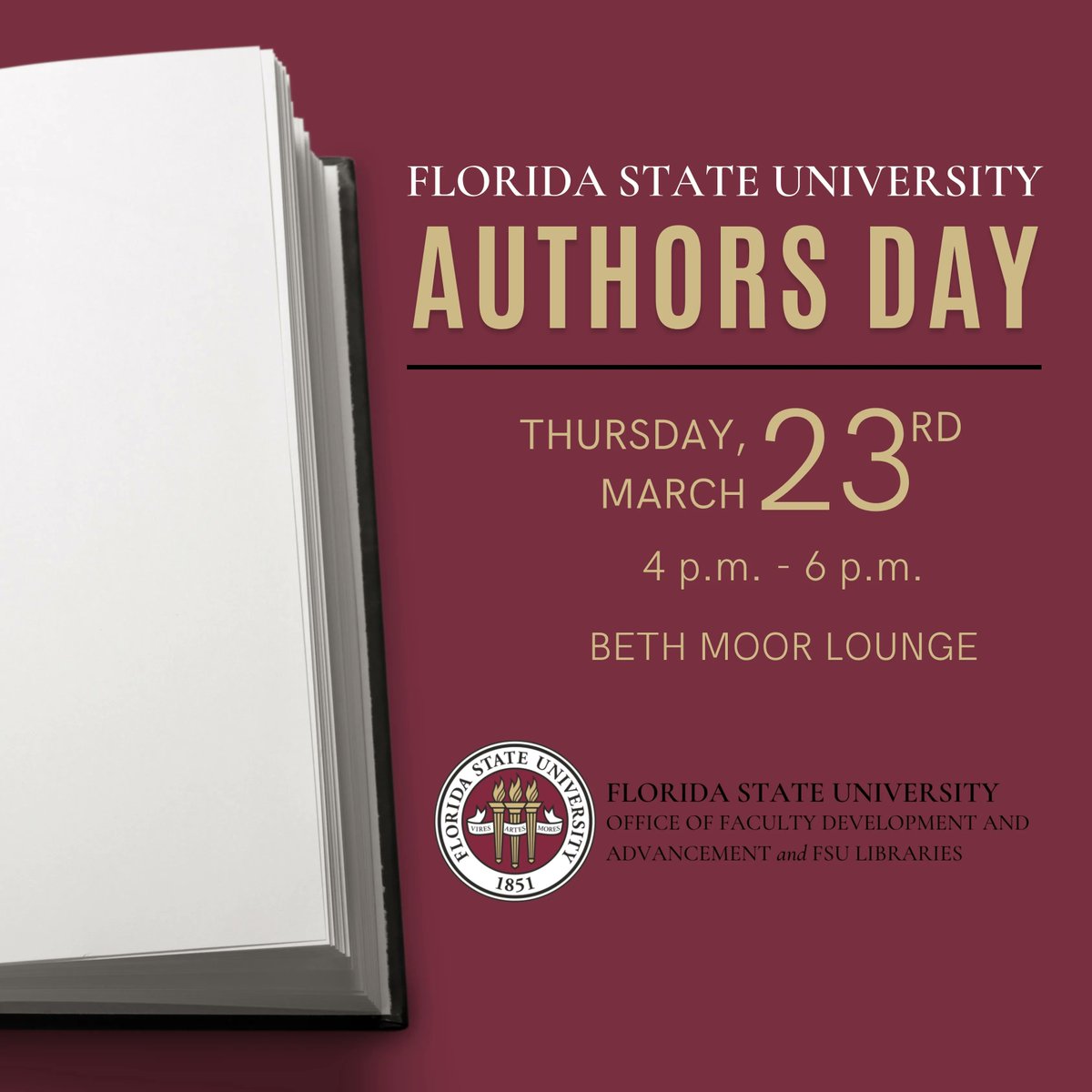 FSUFaculty's tweet photo. The Office of Faculty Development and Advancement and @fsulibraries are hosting the annual FSU Authors Day reception on Thursday, March 23, 2023, from 4-6 pm.
Join us at the Beth Moor Lounge to congratulate the authors and peruse FSU scholarship.
#FSULibraries #FSUFaculty #FSU https://t.co/bFxcjo2kNA