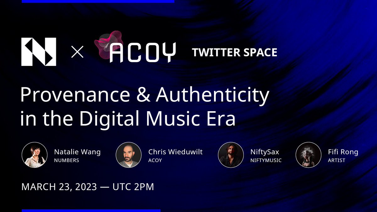 numbersprotocol's tweet photo. Donβt miss the #Numberspace on Mar. 23, 2 pm UTC!
Wβre honored to have Music Industry Gurus @deloreanchris , @NiftySax , @fifirong , and our Global outreach @Cheerock25 to talk about Provenance & Authenticity in the Digital Music Era!π
Set the timer β±οΈ
https://t.co/QP42K8RMp5 https://t.co/qvsQEpiTO0