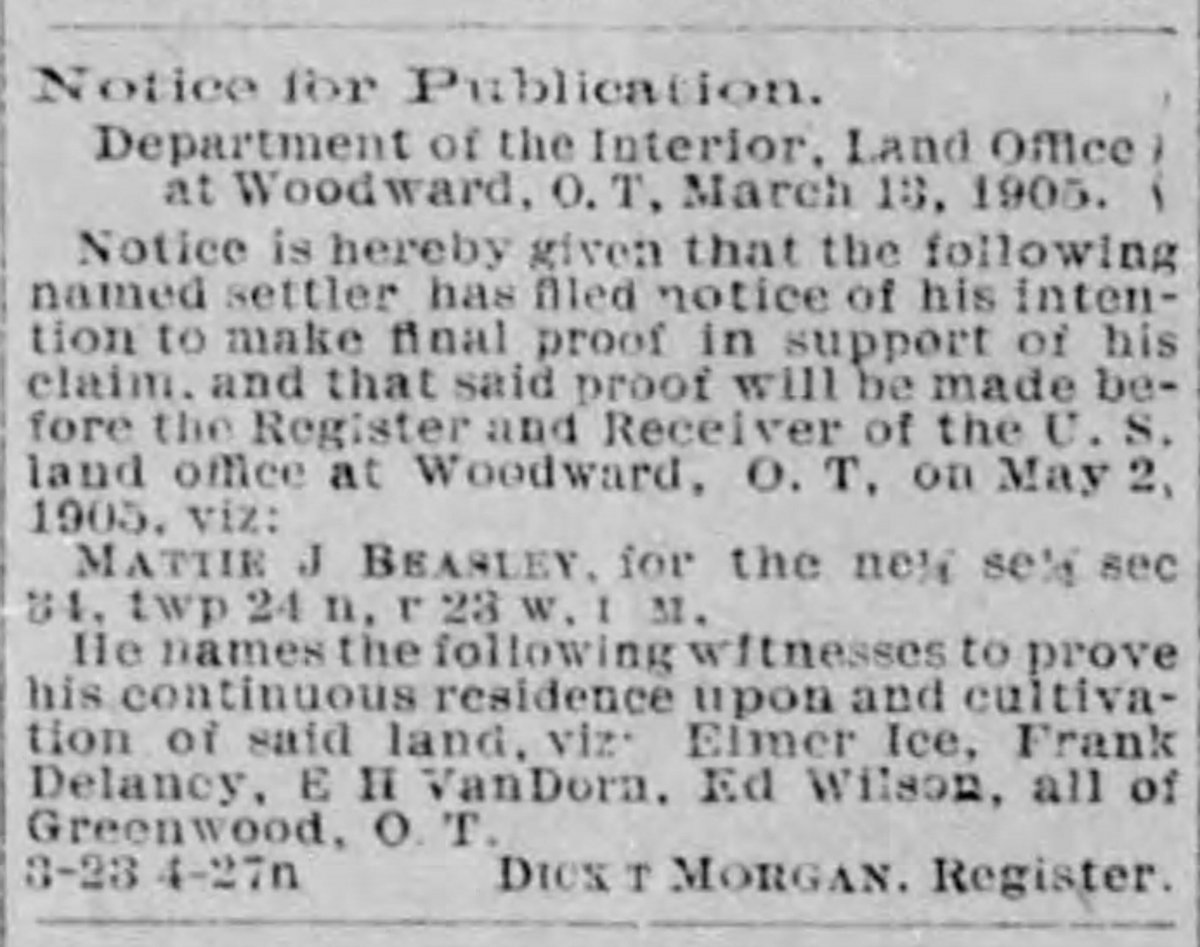oklabhp's tweet photo. Mattie J. Beasley reveals the determination of women #OKBlackHomesteaders.  In 1910 she was a hotel cook in Woodward, but we found her final proof notice.  She homesteaded twice, commuting her 1st claim with cash (1905); then proved up a 2nd claim (1913).  #BlackWomensHistory https://t.co/jlo82qVBOj