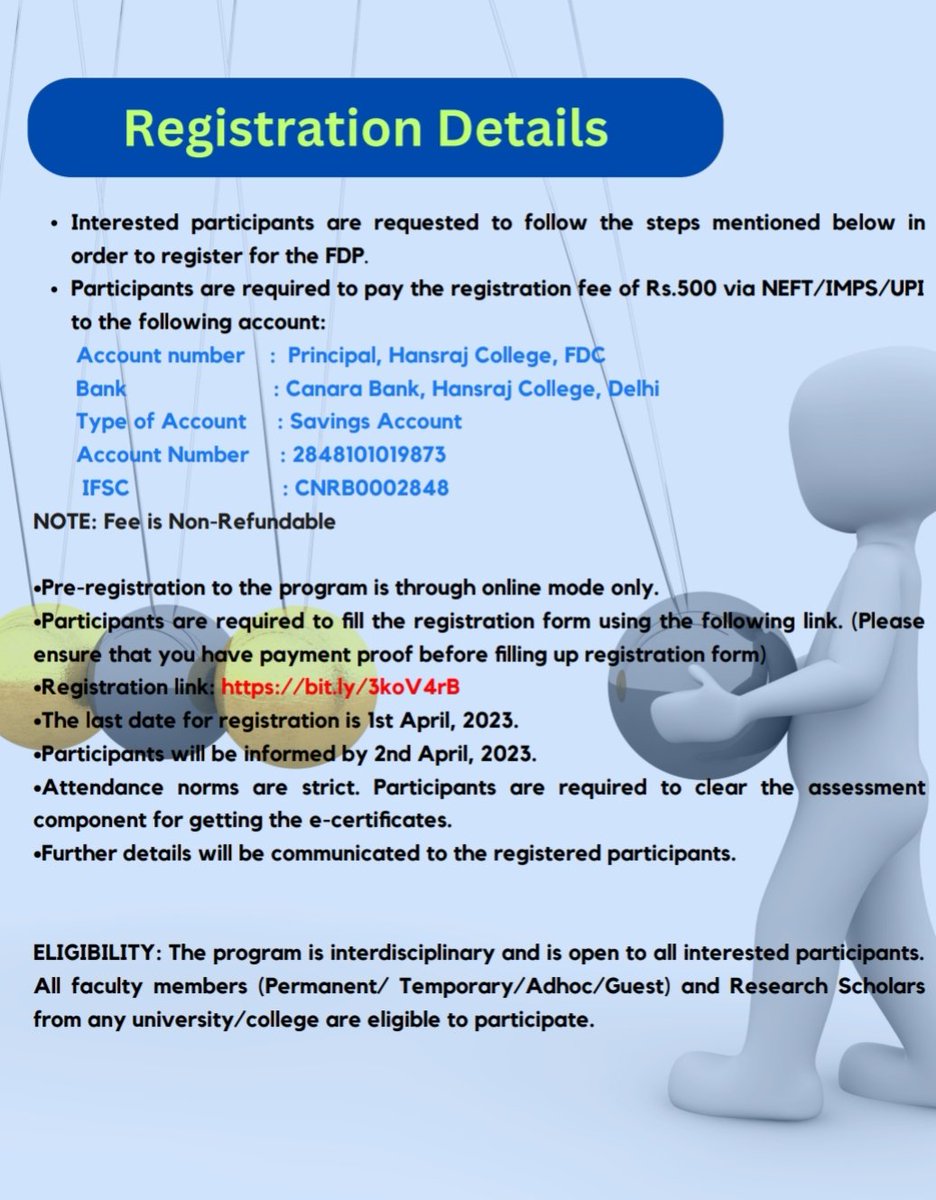OfficialRamjas's tweet image. #RamjasCollege @UnivofDelhi in collaboration with #HansrajCollege is organising a one week online #FacultyDevelopmentProgramme on "Principles of Radiation Detection and Measurement and Experimental Techniques" from April 3-9, 2023. The last date for registration is 1 April 2023.