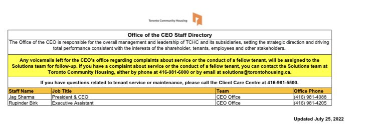 TOHousingON's tweet image. Need assistance reaching the CEO’s office? We are pleased to share Toronto Community Housing Corporation’s (TCHC) staff directory for the CEO. #tchc #tchcconnect #accessibleforall @TOHousing