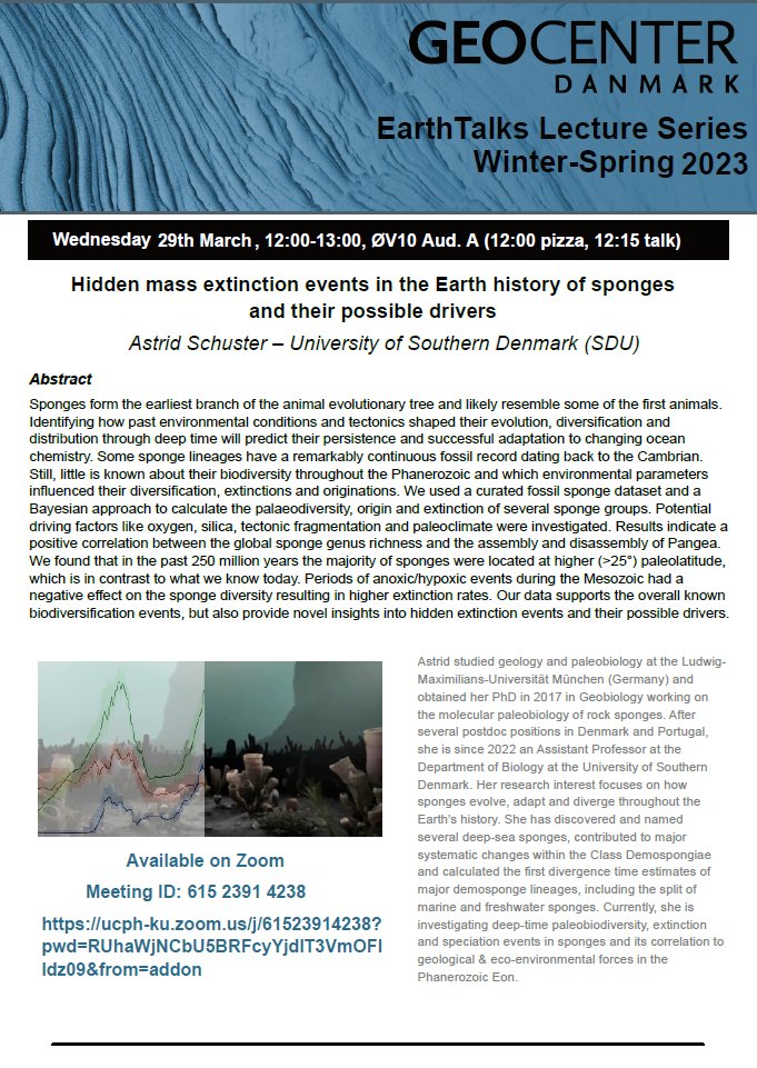 Geology_UCPH's tweet photo. Join us next week wednesday for Astrid Schuster's talk on mass extinction events in the history of sponges either in person or online! #Earthtalks #WinterLectures2023 https://t.co/ZWm5Tatfer