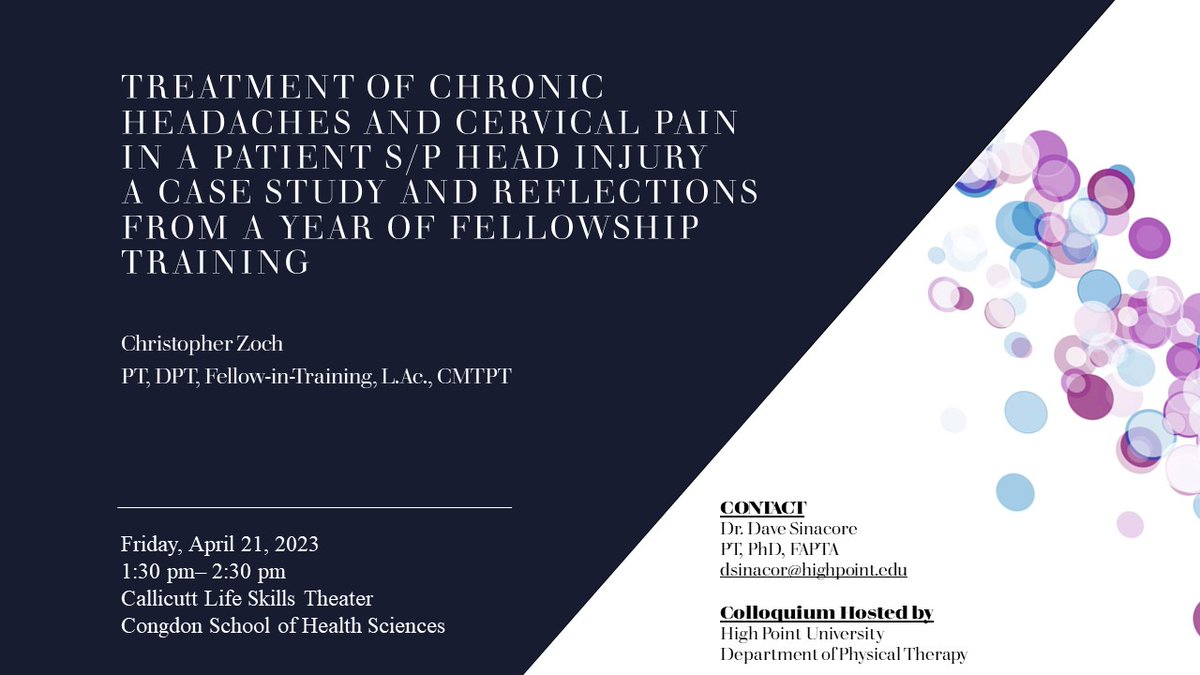 hpu_dpt's tweet photo. HPU DPT Research Colloquium Series
#chronicheadaches #cervicalpain #fellowshiptraining #choosept #apta #aptanc https://t.co/QW055plJTU