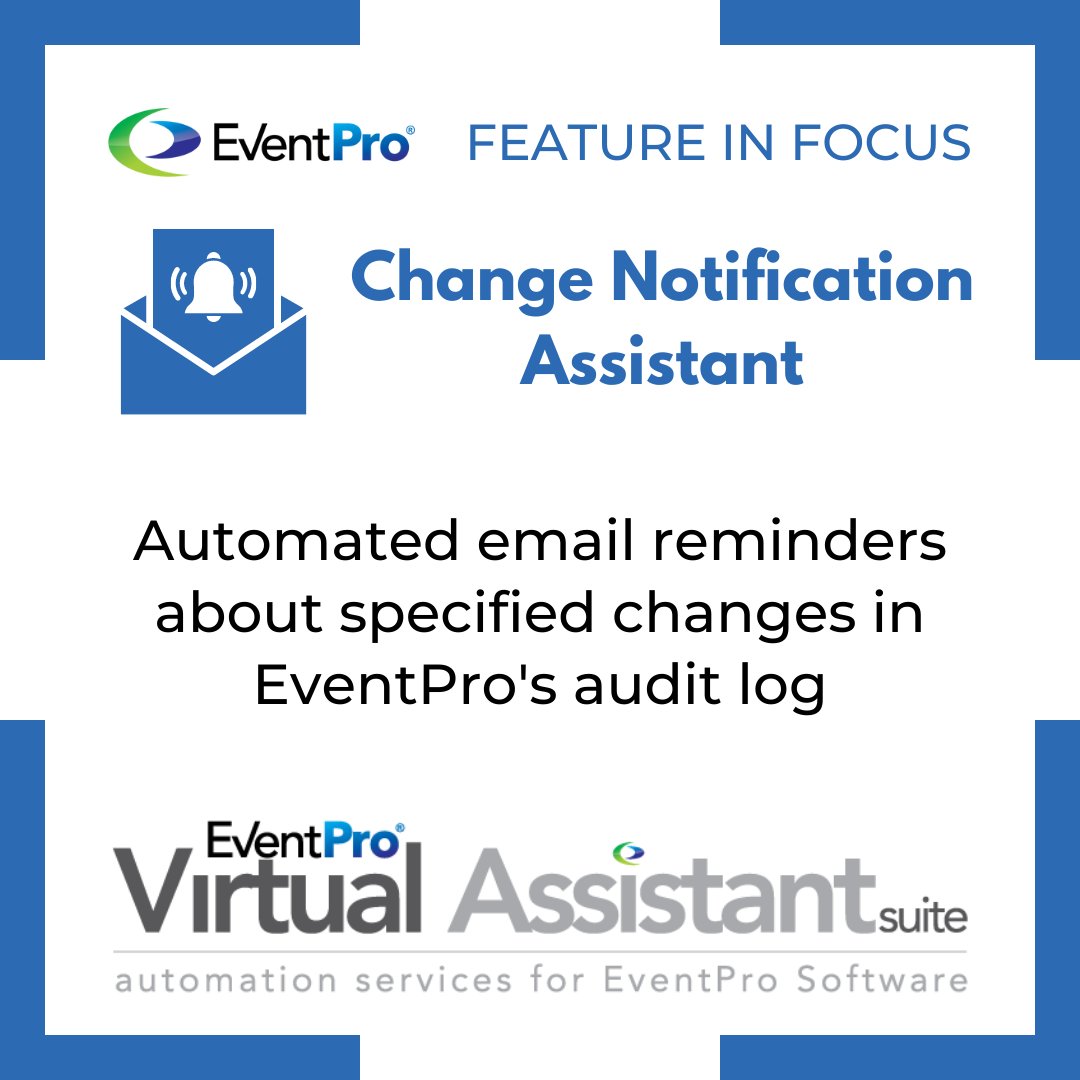 EventProConnect's tweet photo. Feature in Focus: The Change Notification Assistant sends automated email notifications to different users depending on the changes made in EventPro.
For more info, visit our website: https://t.co/AQwctVRC7g
#eventprosoftware #featureinfocus #eventprofs #eventtech #automation https://t.co/poMB97gOR9