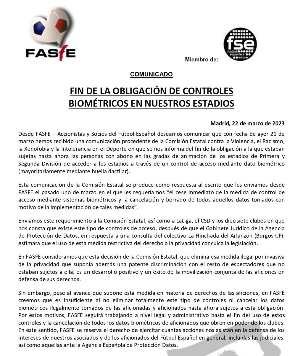 📢Antiviolencia responde a nuestro requerimiento y elimina la obligación de acceso a estadios por huella dactilar.

✊🏼Seguiremos trabajando por el fin total de estos controles y la cancelación de los datos en poder de los clubes 

#AnimarNoEsDelito
#LaLigaPisoteaTusDerechos