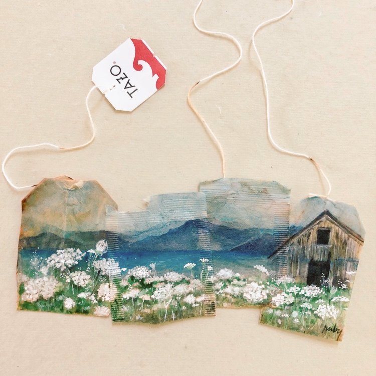 Artwork by Ruby Silvious, known for her work on used teabags  #WomensArt